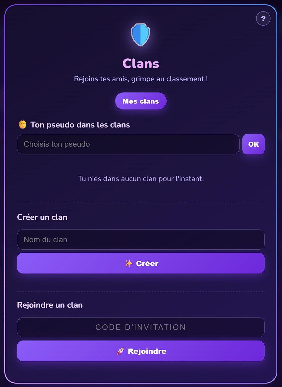 Écran Clans : choix du pseudo, création d'un clan ou adhésion avec un code d'invitation